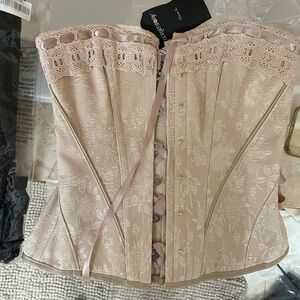 Corset Story Lace-Trim Light Blush Satin Corset Top